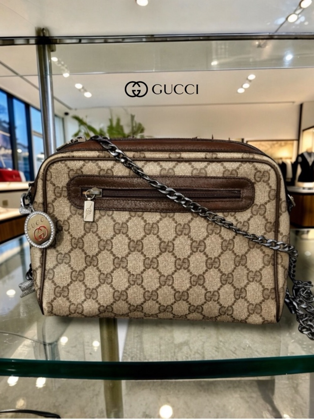 Gucci Beige GG Canvas Crossbody with Brown Leather Trim - Picture 2 of 8